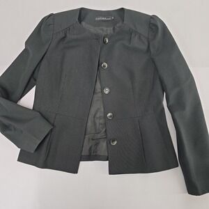 Mastina Womens Black Pinstripe Collarless Blazer Jacket Puff Sleeve Size 38